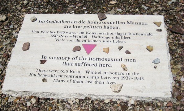 In memory of the homosexual men that suffered here. There were 650 Rosa-Winkel prisoners in the Buchenwald concentration camp between 1937-1945. Many of them lost their lives.