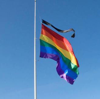 Rainbow Flag Half Mast black ribbon