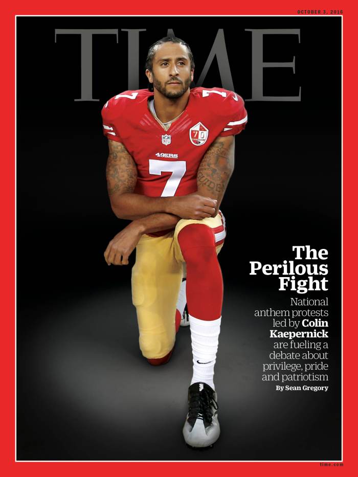 Colin Kaepernick Taking Knee on Time Cover Oct 3 2016